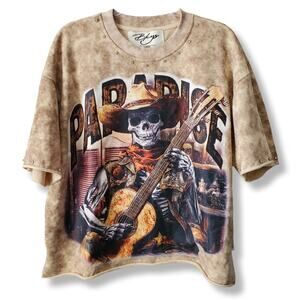 BKYS Paradise Cowboy Skull Cropped Tee Top L Streetwear Urban Lone Rebel NEW